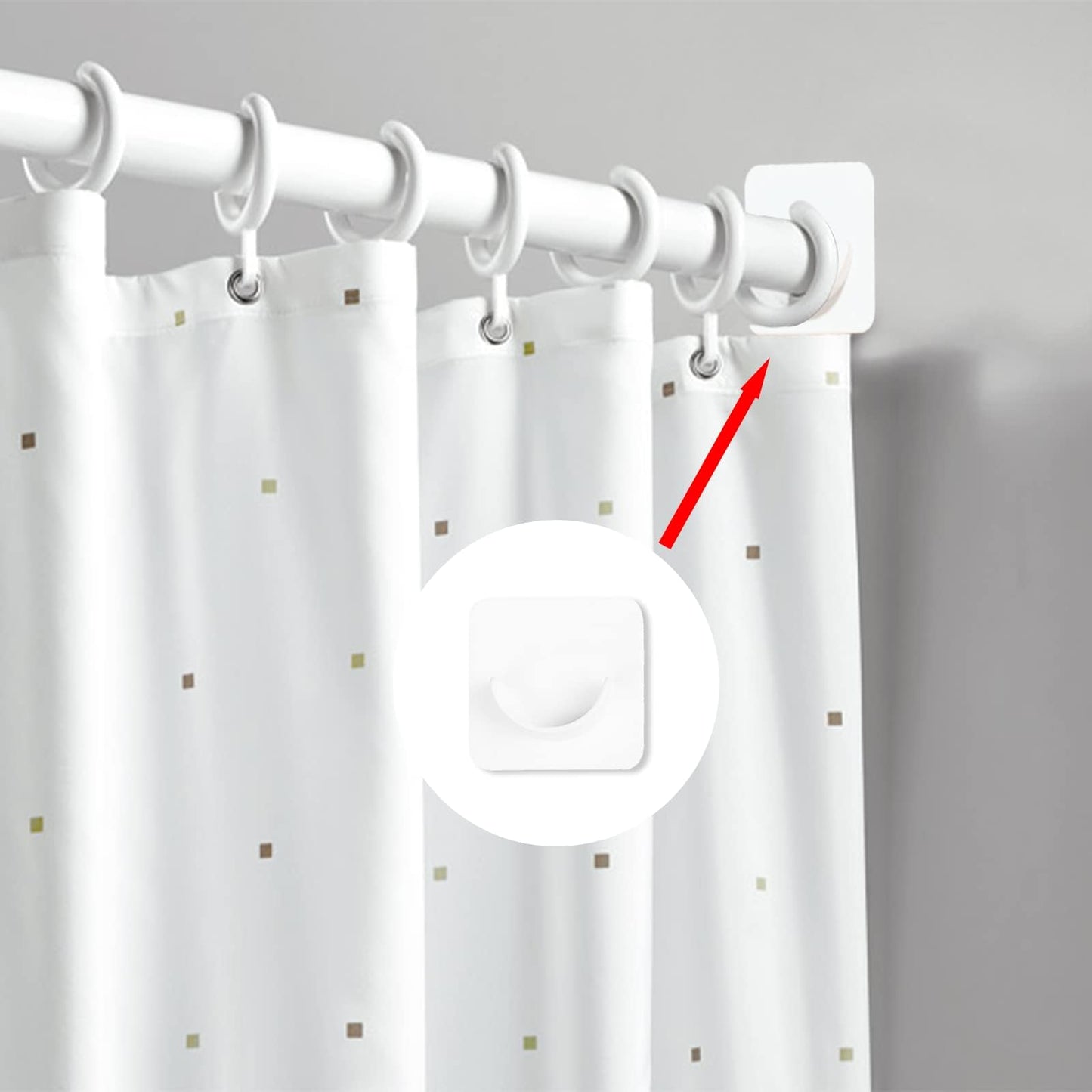 Siqian Stick on Curtain Pole Holder, 2Pcs No Drill Rod Brackets, Shower Adhesive Holder Transparent for Wall Not Include Rod, White