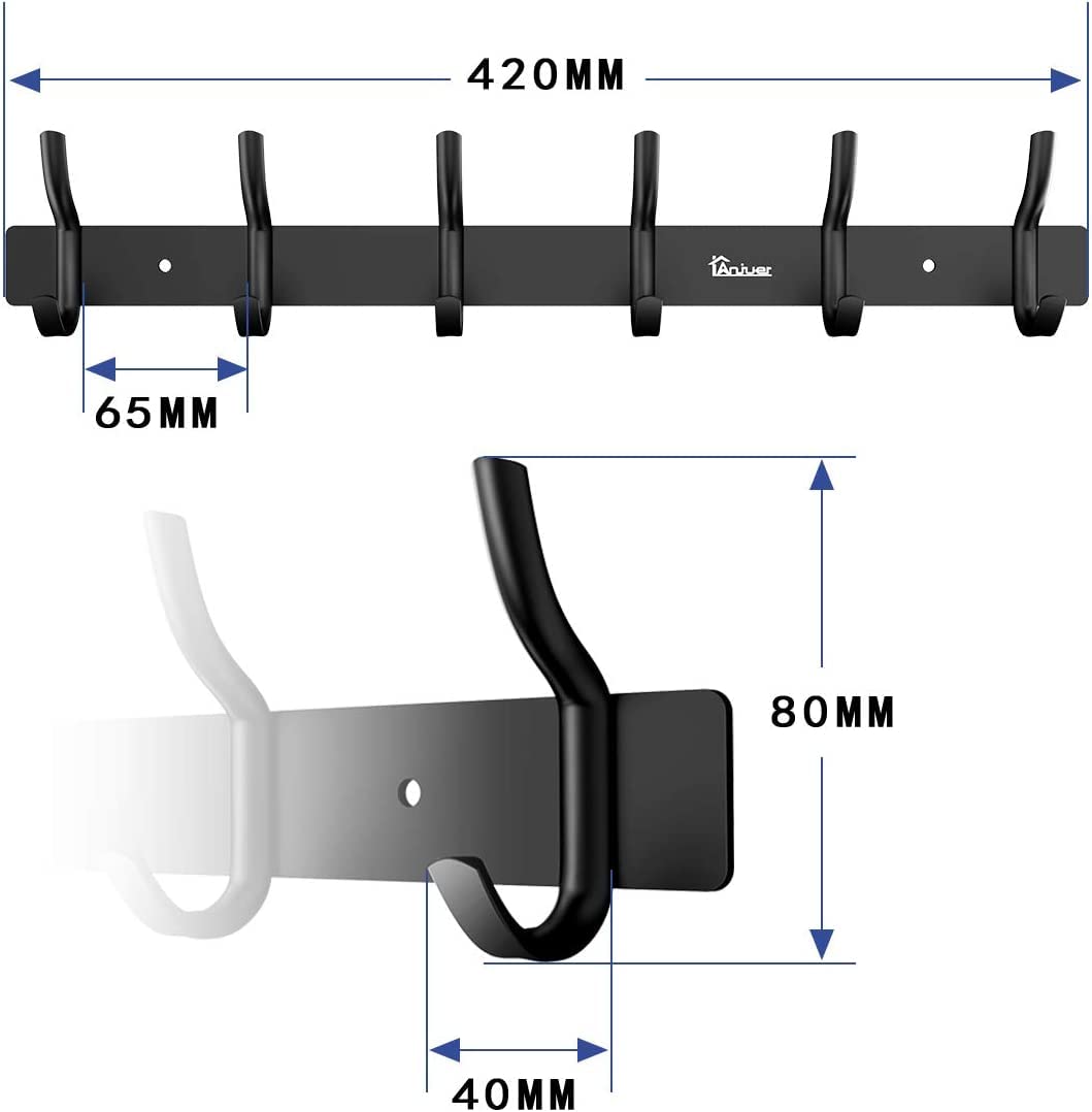 Anjuer Coat Rack with 6 Hooks Aluminum Alloy Black 20kg Load Capacity for Clothes Hat