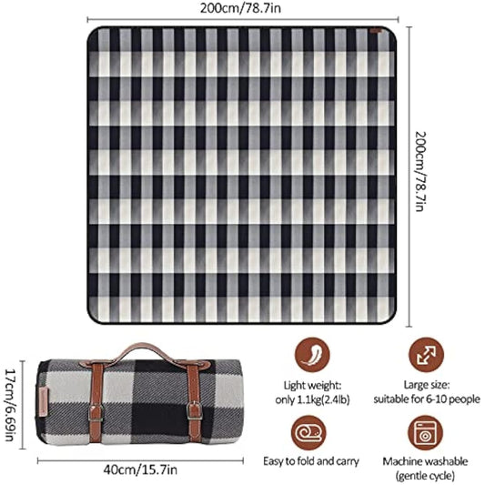 ACTIVE FOREVER Picnic Blanket Portable, 200x200CM Extra Large Waterproof Picnic Mats with Carrying Handle, Outdoor Multipurpose Rugs for Camping, Travel, Park, Beach, Garden, Black Gray Plaid