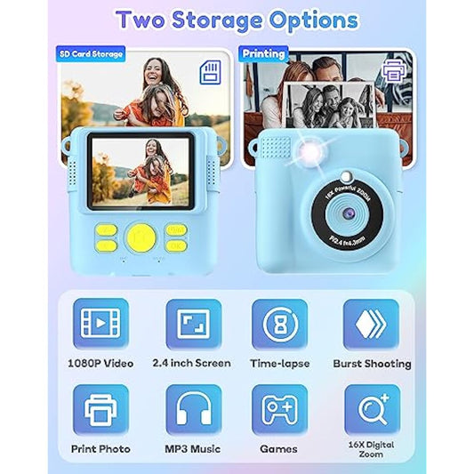 Kids Camera for Boys, Instant Print Camera for Kids with Photo Paper, 1080P Digital Camera for Children, Cool Toys Gifts for Boys Age 3 4 5 6 7 8 9 10 Years Old, Video Recorder, 32GB SD Card - Blue