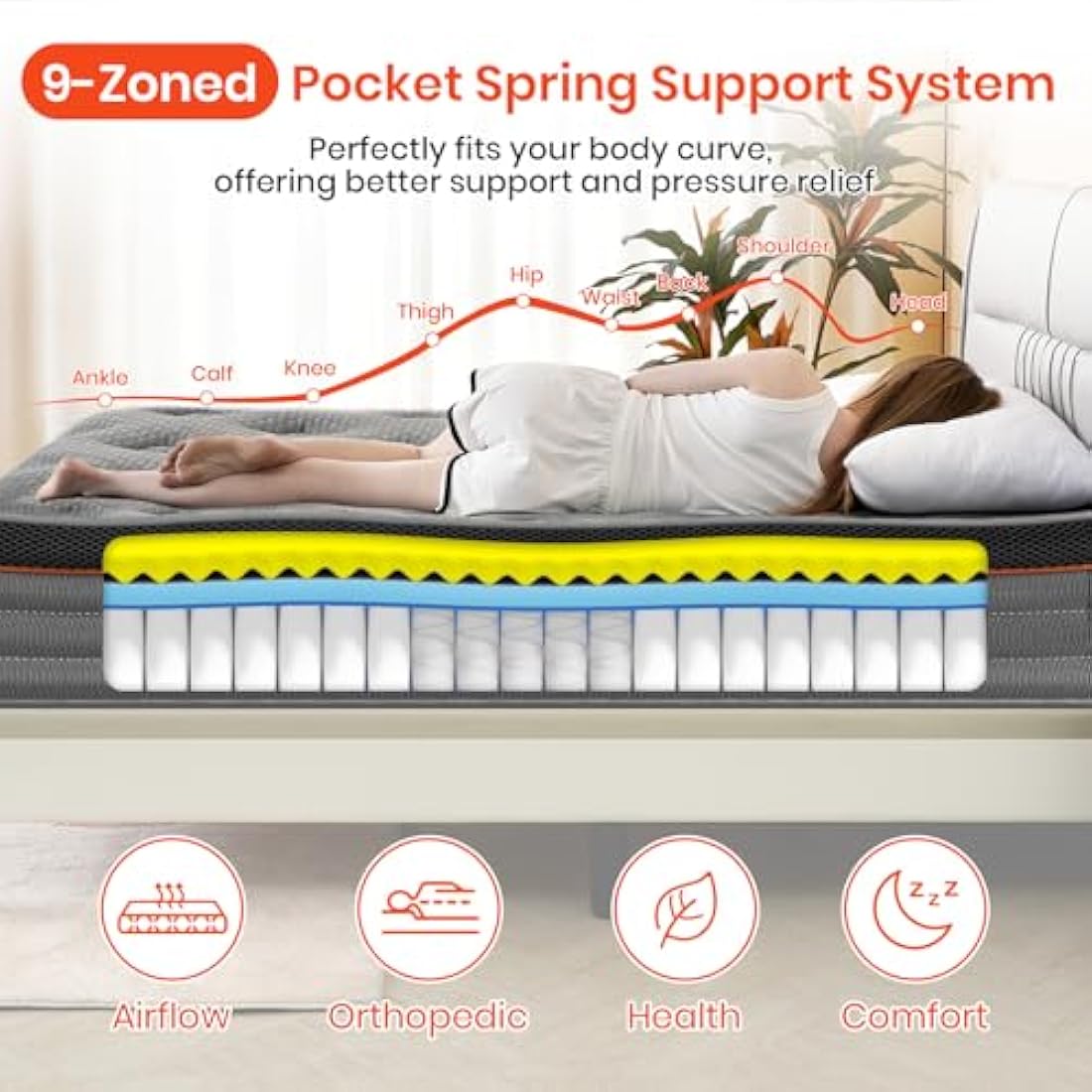 Good Nite Single Mattress Pocket Springs 3FT 10 Inch Hybrid Medium Firm Bed 90x190x25cm with 9-Zone Support Reinforced Edges Breathable Grey Knit Fabric Mattress in a Box