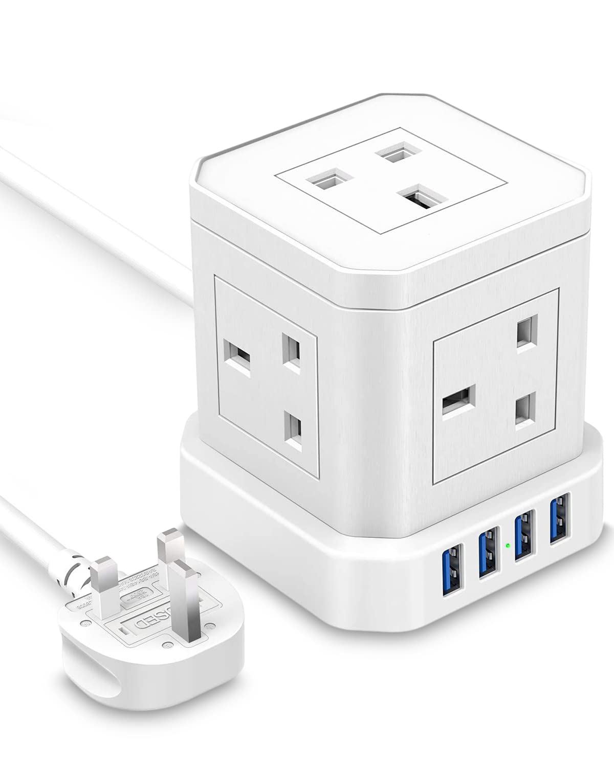 Tuare Cube Extension Lead with 4 USB Slots, 2M Extension Cable, 5 AC Ports, Surge Protected 13A 3250W, Multi 9-in-1 Power Cube for