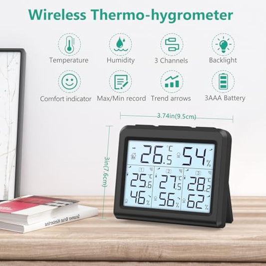 ORIA Digital Thermometer Hygrometer with 3 Sensors, Indoor/Outdoor Humidity Meter Temperature Monitor, Wireless Weather Station with Backlight, Comfort Icon, Arrow Trends for Temp and Humidity -Black