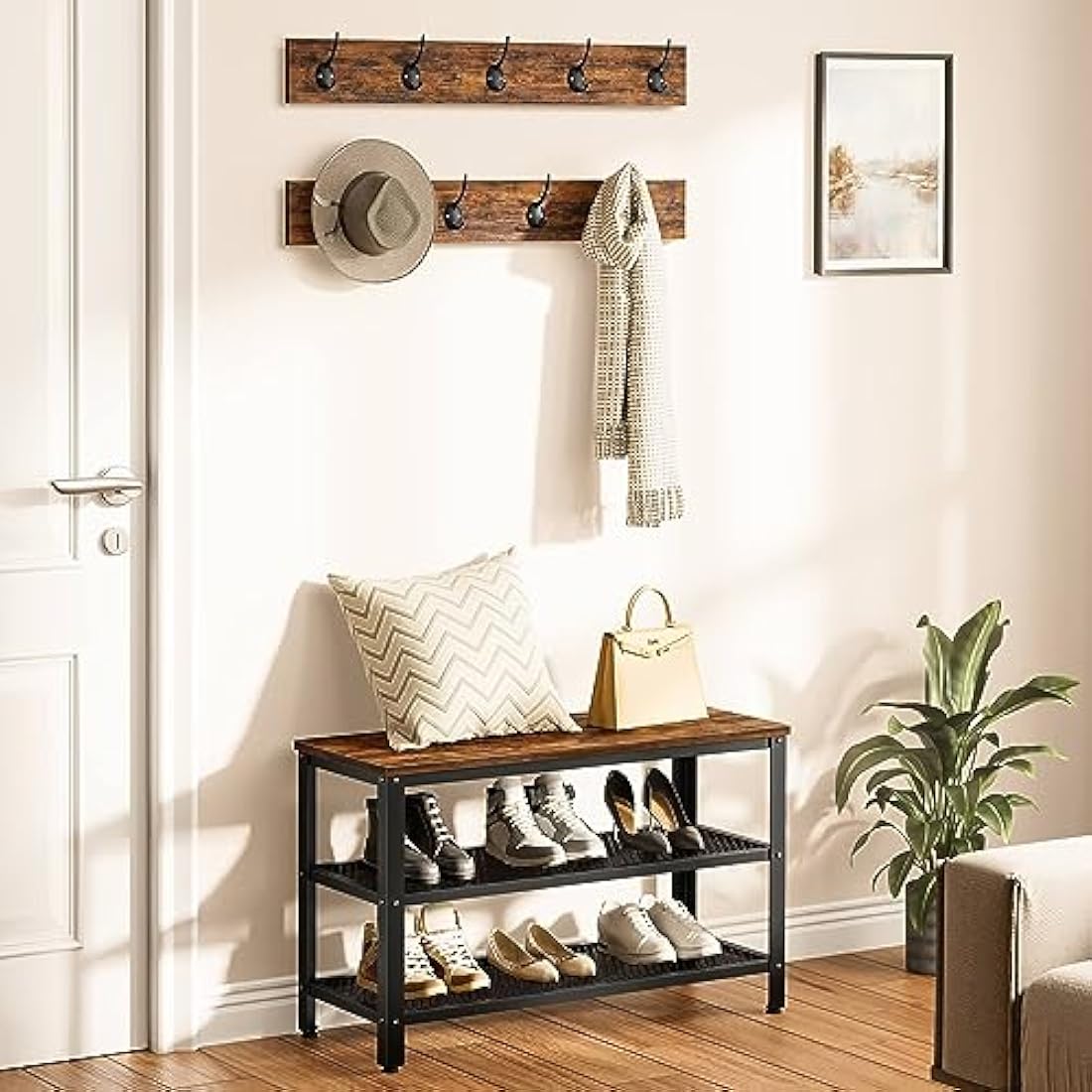 HOOBRO Coat Rack Shoe Bench Set, Hall Tree, Coat Stand Bench Set with 9 Hooks and Shelf, Multifunctional, for Hallway, Bedroom, Living Room, Rustic Brown and Black EBF17MT01