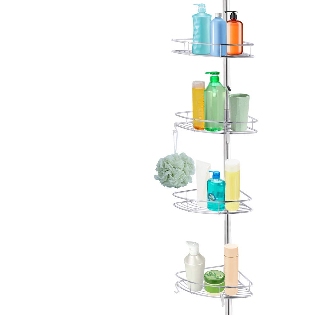 Cocoarm Bathroom Rack, 4 Tier Toilet Corner Shelf Shower Caddy Organiser Chrome Iron Storage Holder Organizer Adjustable Height 190-310cm