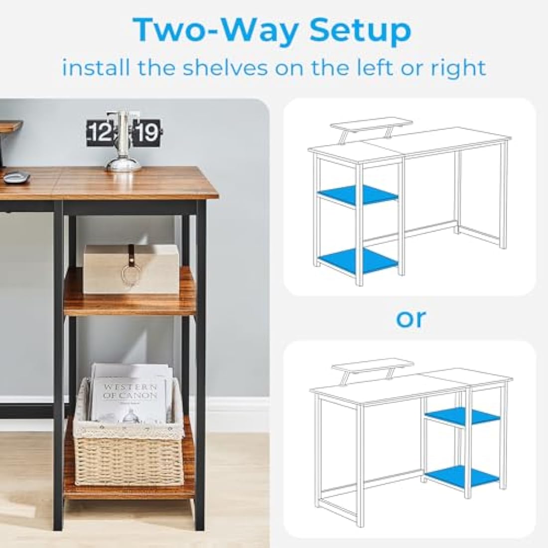 GreenForest Computer Desk with Monitor Stand,100cm Home Office Desk with Reversible Storage Shelves,Study Desk for Small Spaces,Brown