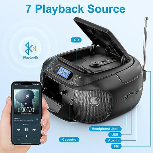 Hernido Portable Boombox with CD Cassette Player Combo, FM Radio, Rechargeable CD/Tape Player, Built-in Stereo Speakers Super Bass, Audio for Home Support AUX-In, USB Playback, Headphone Jack Output