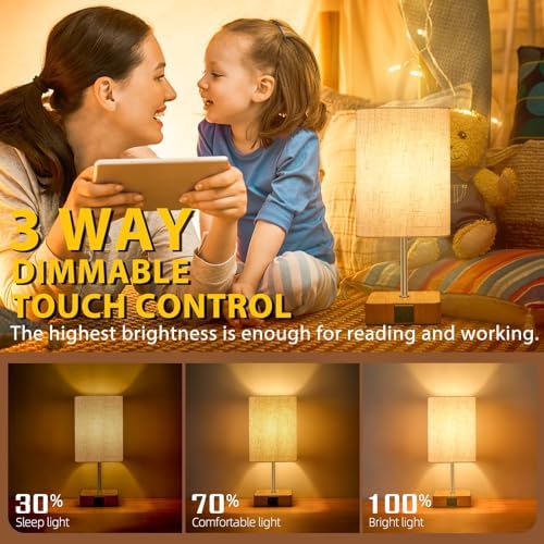 Touch Control USB Table Lamp, Dimmable Nightstand Lamps with USB Charging Ports, Small Touch Lamp with Wood-grain Base & Fabric Shade for Bedroom, Living Room, Children's room, Bulb Included, 2 Pack