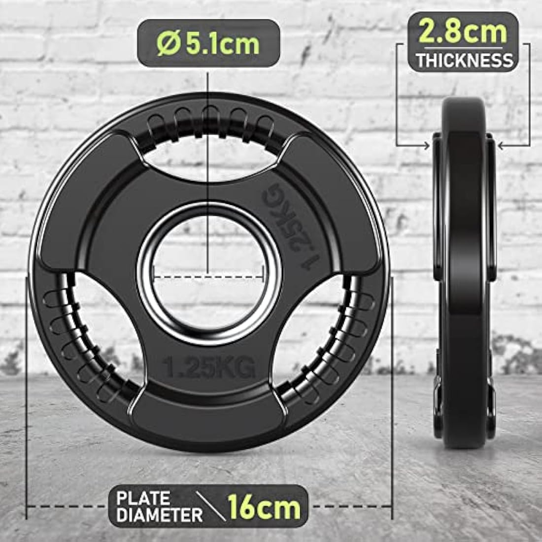 PhysKcal Olympic Weight Plates with Rubber Finish 2ββ Opening and Tri-Grips, Black Barbell Plates Discs for Lifting and Strength Training, Solid Cast Iron Core Weights Set for Barbell, 1.25kg - 20kg