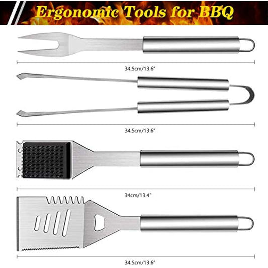 QH7 10 Pack BBQ Barbecue Tool Set, Stainless Steel Outdoor Barbecue Grill Utensils Set with Storage Bags for Picnics and Outdoor Activities