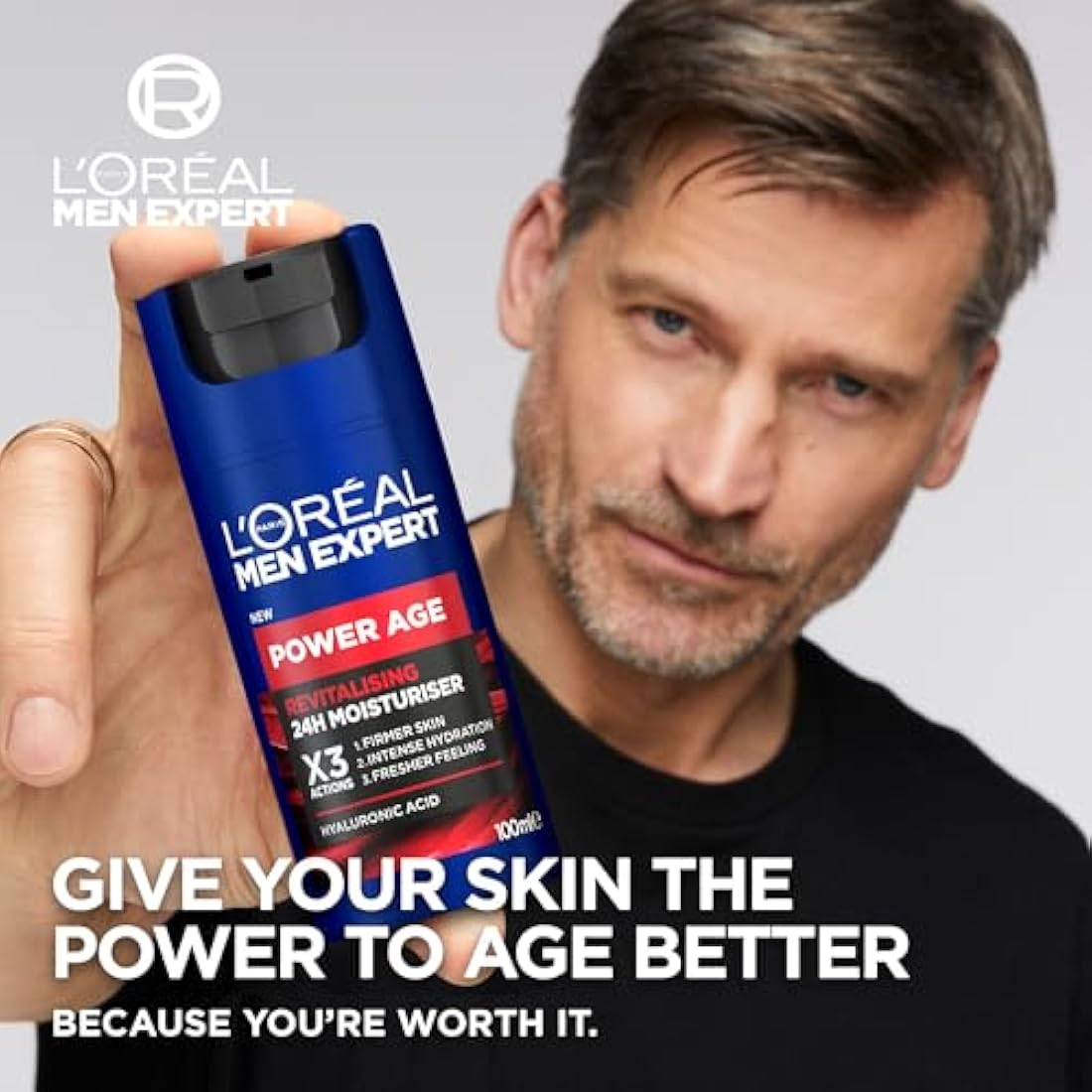 L'Oreal Men Expert Power Age Moisturiser, Hydrating & Revitalising Hyaluronic Acid Moisturiser for Men, designed for Ageing, Dry & Dull Skin 100ml, 1