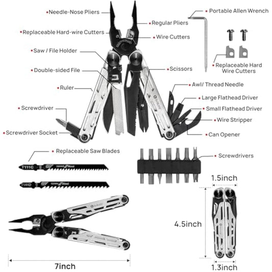 BIBURY Multitools, Multi Tool Foldable Pliers with Upgraded Scissors and Screwdriver Set, Stainless Steel Multitools - Pro, Ideal for Camping, Outdoor, Repairing - Gift for Dad Men -Black