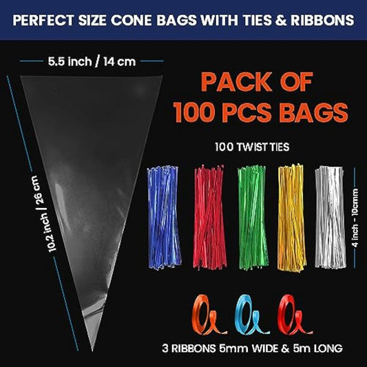 14x26cm Sweet Cone Bags with Twist Ties and Ribbons, 100Pcs Cellophane Crystal Clear Sweet bags, Triangle Sweet Party Cones Bags Perfect for Halloween, Christmas, Candies and many more