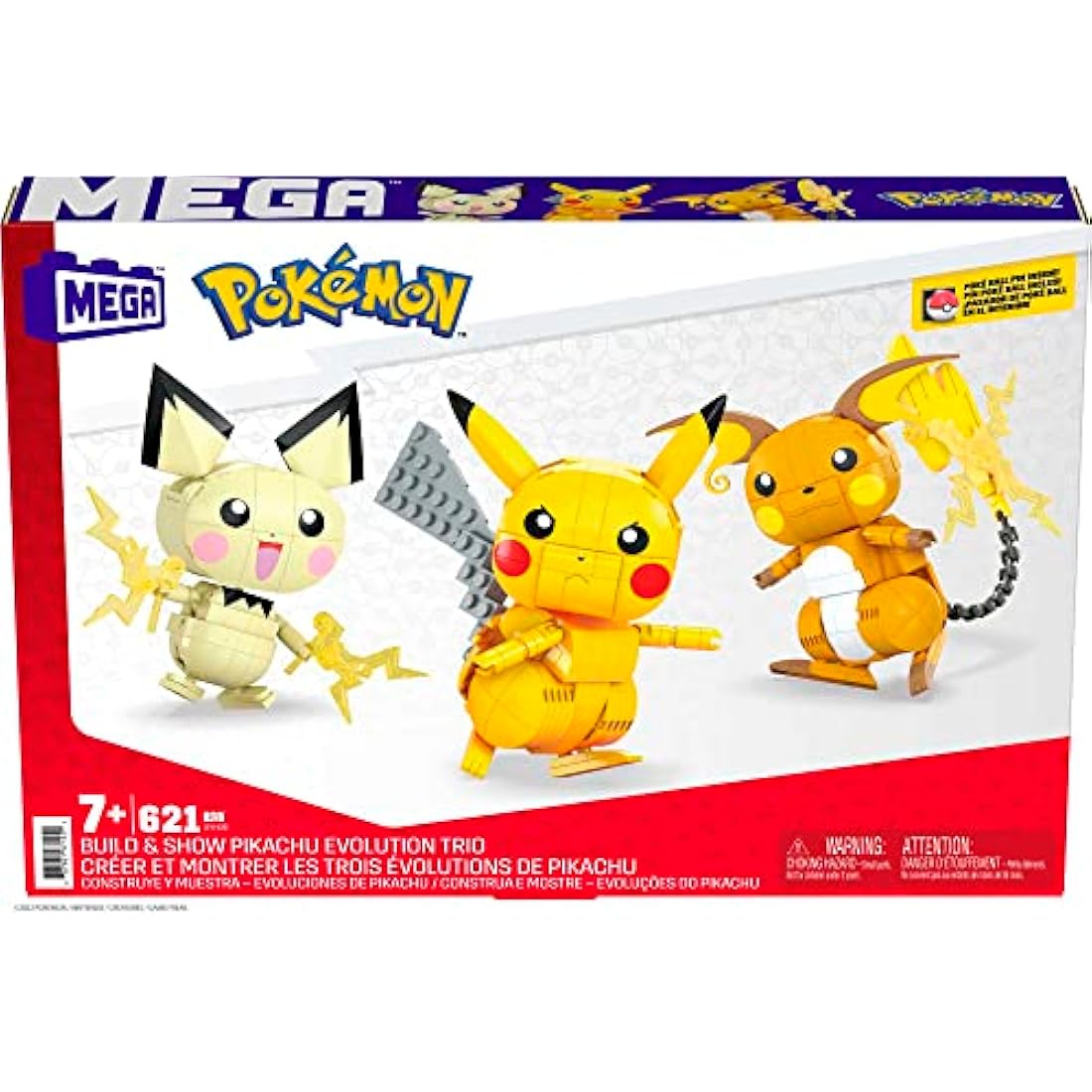 MEGA Pokémon Action Figures Toy Building Set, 4 Inch Pikachu, Raichu and Pichu Build n Show Pikachu Evolution Trio with Poke Ball Pin
