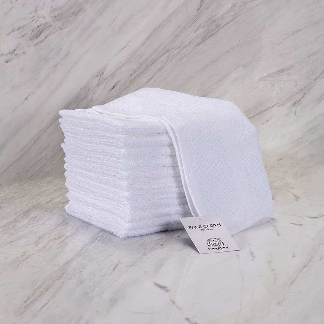 VINN DUNN? Hotel 100% Cotton Face Cloth, 12 Cotton Washcloths, Flannels Face Cloth Pack, 400 GSM Wash Cloths | 30 x 30 cm | WHITE | Pack of 12