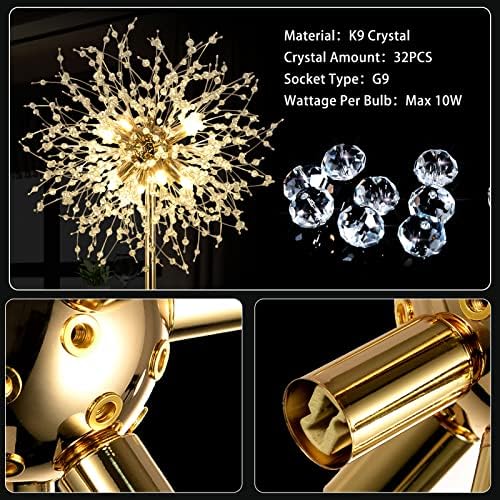 Rayofly Modern Floor Lamp, Golden Fireworks Crystal Floor Lamps for Living Room, 8-Lights Crystals Standing Lamps with Foot Switch, Glass Metal, Elegant Design Tall Lamp for Bedroom, Beside, G9, 175cm