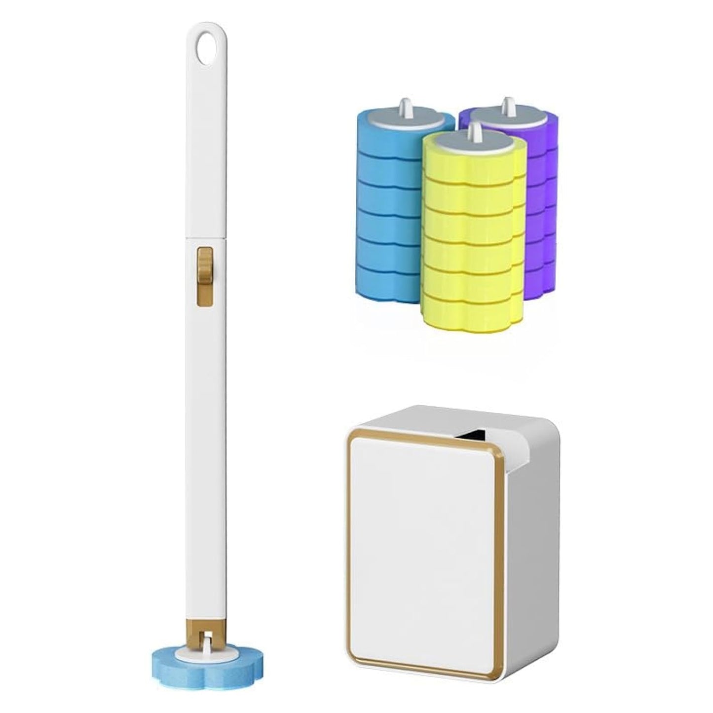 Disposable Toilet Brush Set with 18 Replacement Sponge Heads, Wall Mounted Toilet Wand Kit with Holder - White