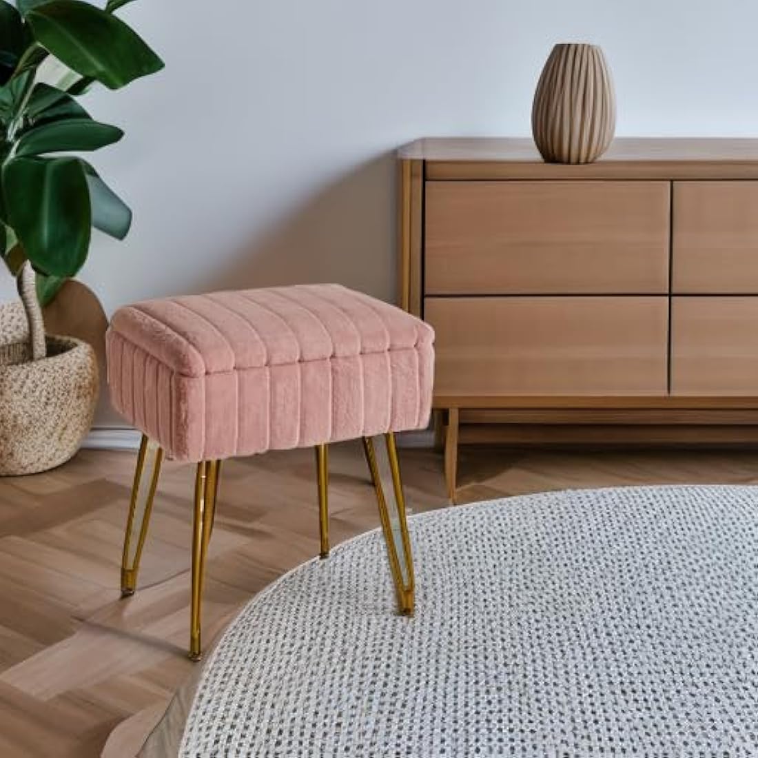 IBUYKE Stool Chair with Storage Space, Footrest Footstool Ottoman, Small Side Table, with 4 Metal Legs, with Anti-Slip Feet, for Makeup Room, Bedroom, Faux Fur, Pink L/G-50P