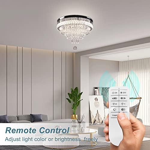 FRIXCHUR 19.7'' Crystal Chandelier Ceiling Light Living Room Modern Bedroom Chandeliers LED Flush Mount Light Fixture for Kitchen Hallway Bathroom with Remote Control (Stepless-Dimmable)