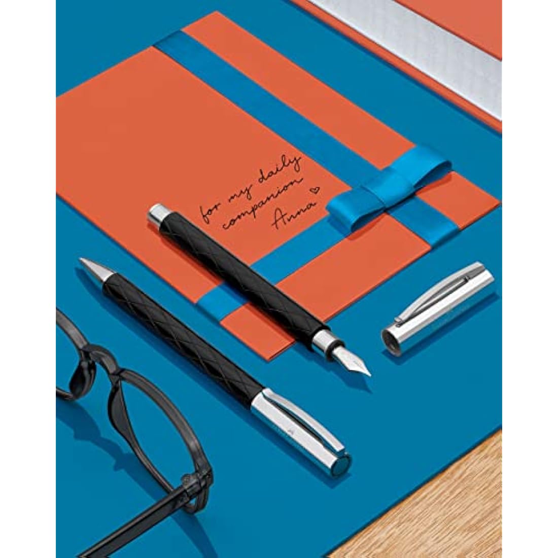 Faber-Castell Ambition 148921 Fountain Pen/Nib Size F/High-Grade Resin with Rhombus Design/in Gift Packaging/Black and Silver Barrel Colour