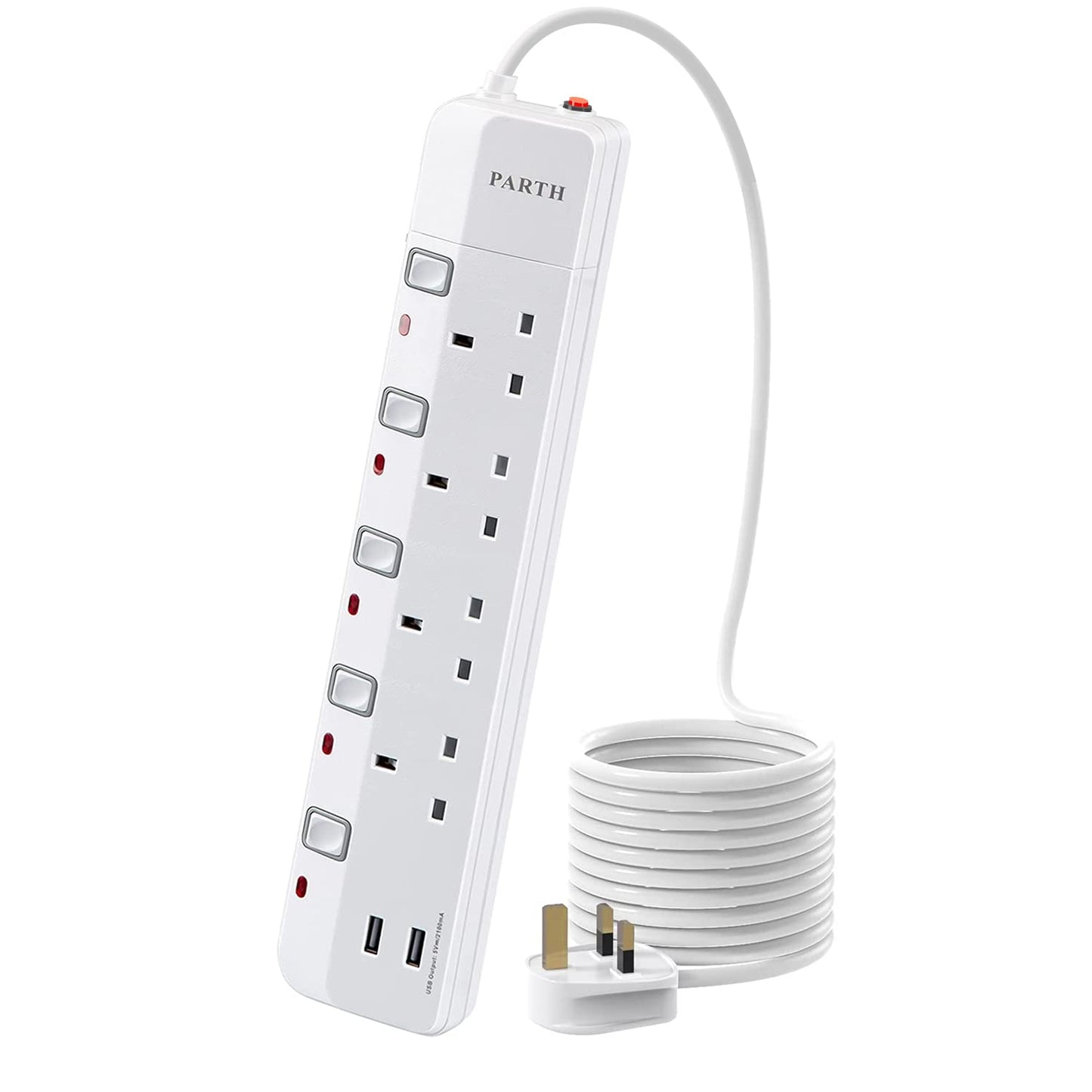 PARTH 3m Extension Lead with USB Slots Surge Protected - 3 Meter Extra Long Cords Extension Cable 4 Way Socket Surge Protection - Wall Mounted UK Plug