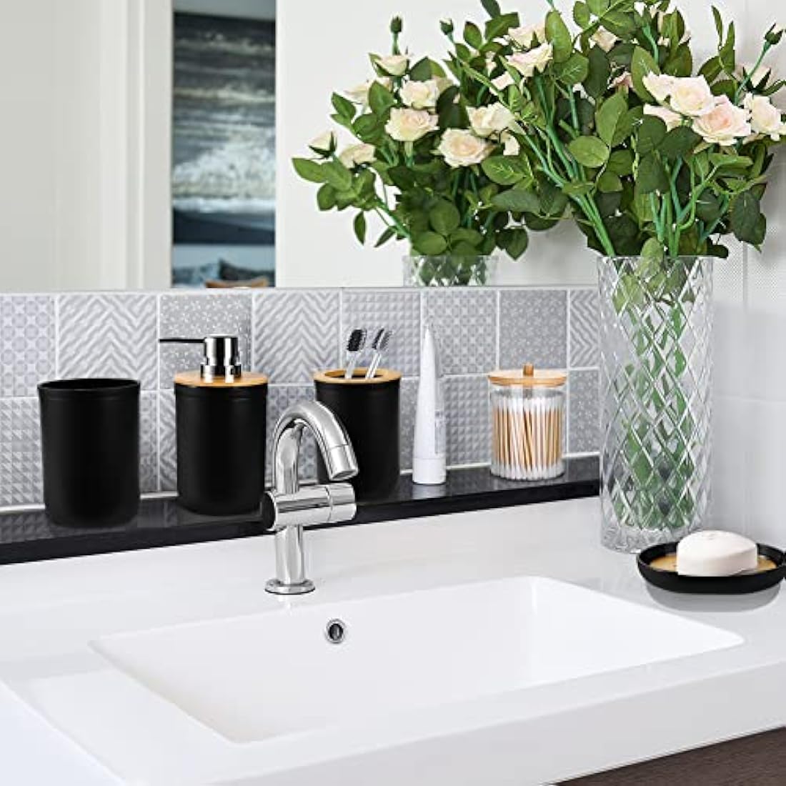 JOTOM 7 Pieces Bamboo Bathroom Accessories Bathroom Accessory Set Luxury Plastic Bath Accessories Set Toothbrush Holder Tumbler Toilet Brush Qtip Holder Soap Dish Trash Can Soap Dispenser (Black)