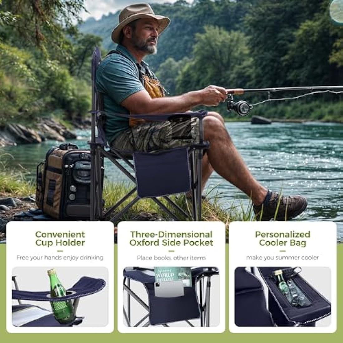 ALPHA CAMP Camping Chairs for Adults Heavy Duty Camping Chair Up to 200 kg Folding Camp Chair with Cup Holder and Cooler Bag for Outdoor Picnic Fishing, Lightweight and Portable, Navy Blue