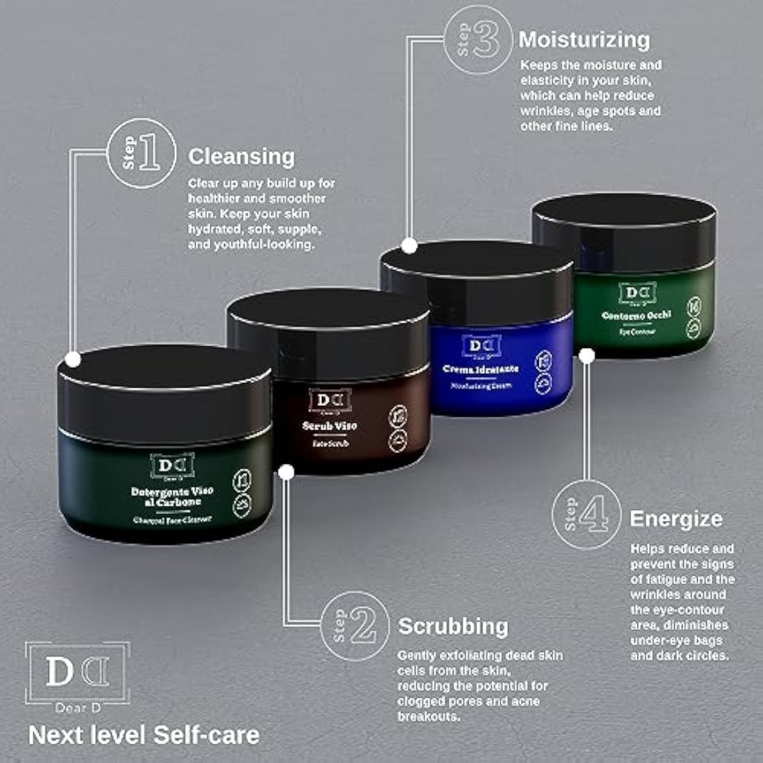Dear D. Face Skincare Box Kit Superior | 4-Step Complete Routine with Face Wash, Face Scrub, Moisturizer, Eye Cream | Made In Italy Men's Cream Set