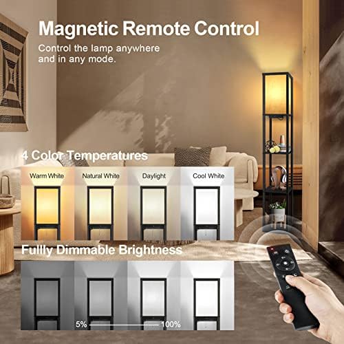 OUTON Floor Lamp Shelf with Remote Control, Dimmable & 4 Colour Temperature Adjustable, 1H Timer, LED Floor Lamp with 2 USB Ports, Floor Lamps with Lampshade for Living Room, Bedroom, Office(Black)