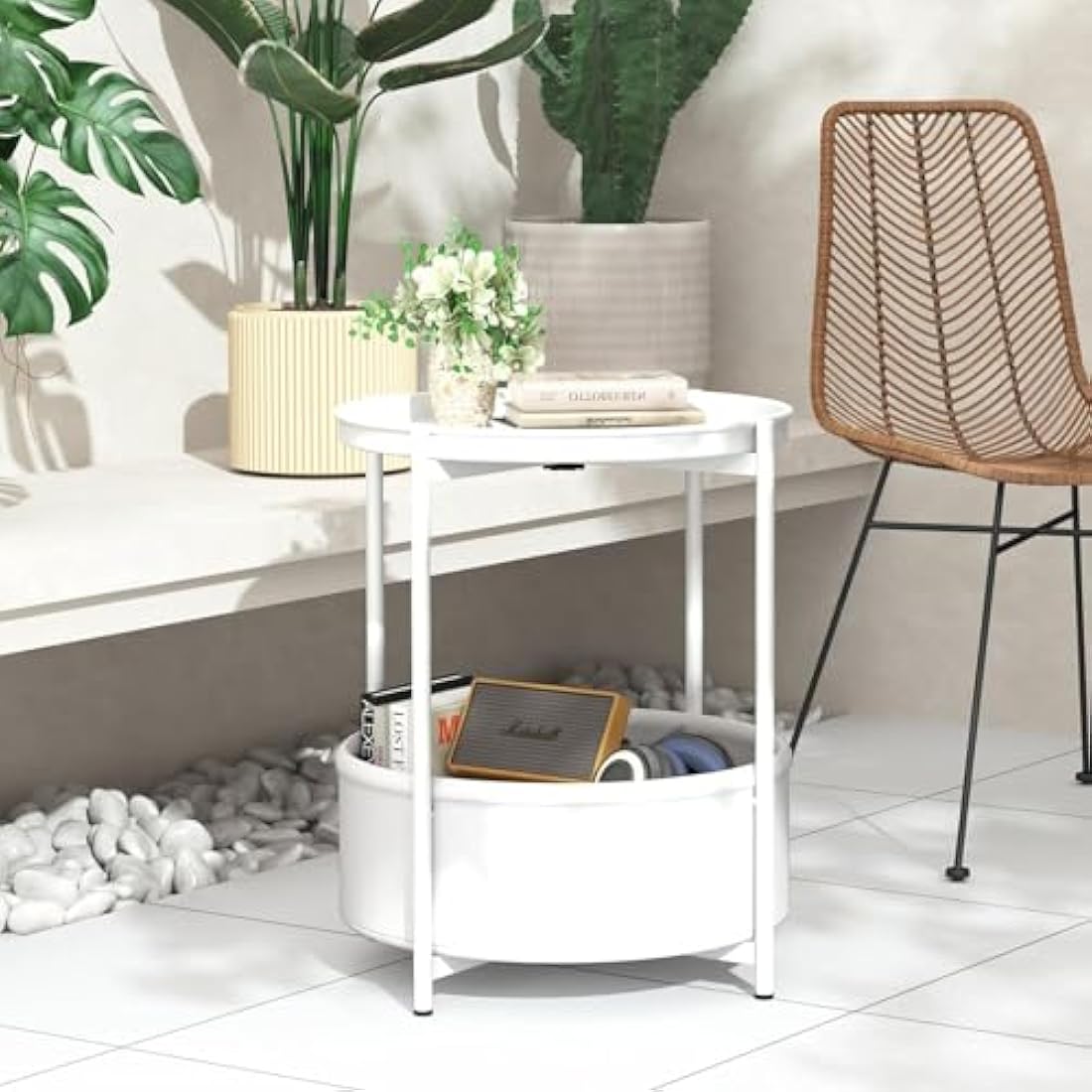 Side Table, Round End Table with Fabric Basket, Small Bedside Table, Nightstand Sofa Table for Living Room, Bedroom, Bathroom, Balcony, Modern Style (White)