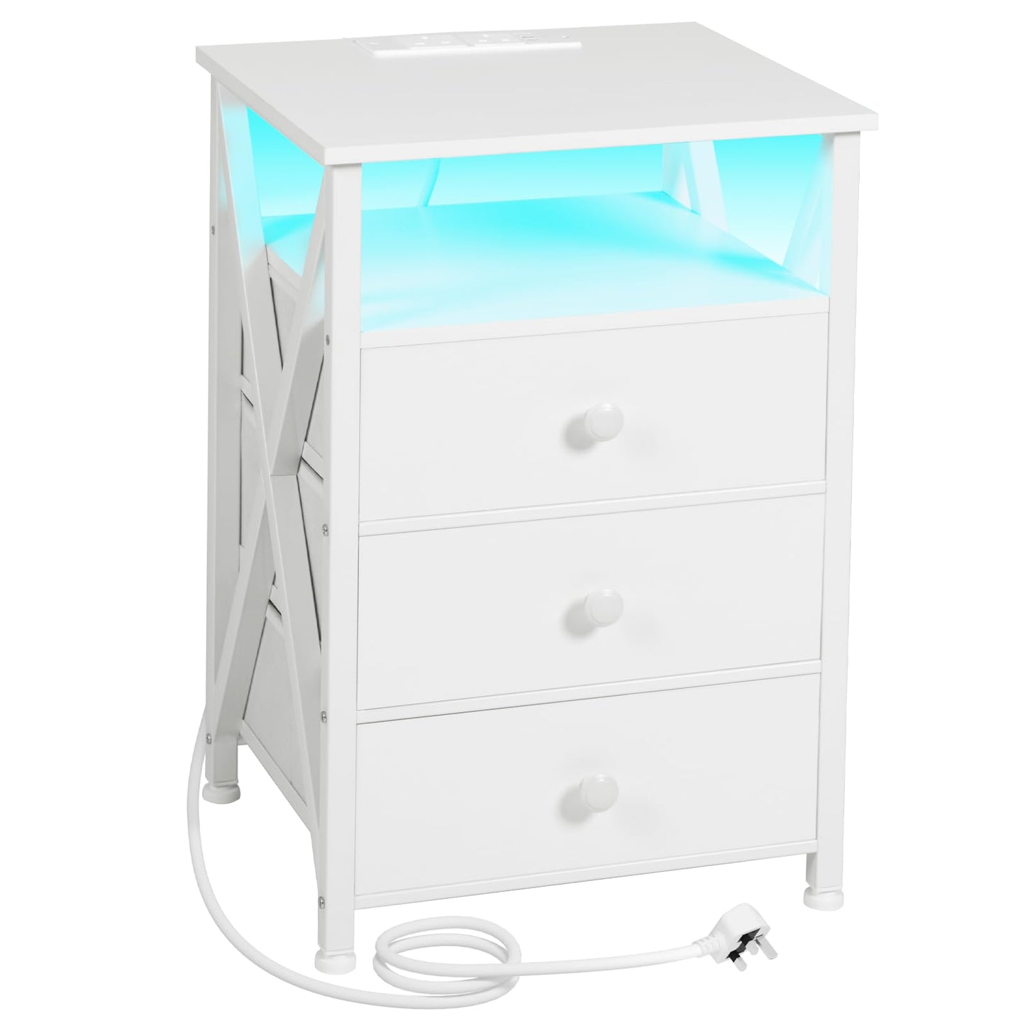 AMHANCIBLE Bedside Table with Charging Station, Side Table with Led Lights, Bedside Cabinet with 3 Fabric Storage Drawers, End Table, Sofa Side Table,