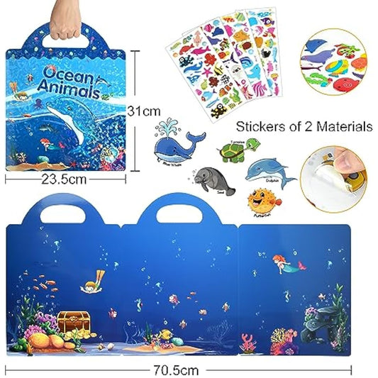 ASTARON Reusable 3D Puffy Sticker Book for Kids, 88 Pcs Cute Waterproof Ocean Animals Stickers, Puffy Sticker Game Travel Stickers and Educational Sensory Learning Toy(3-6 Age)