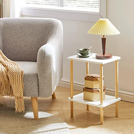 IBUYKE 2-Tier Side Table, Narrow End Table with Storage Shelf, Nightstand Bedside Table for Small Spaces, Bedroom, Living Room, Entryway, Farmhouse, No-Tool Assembly, White WST002W