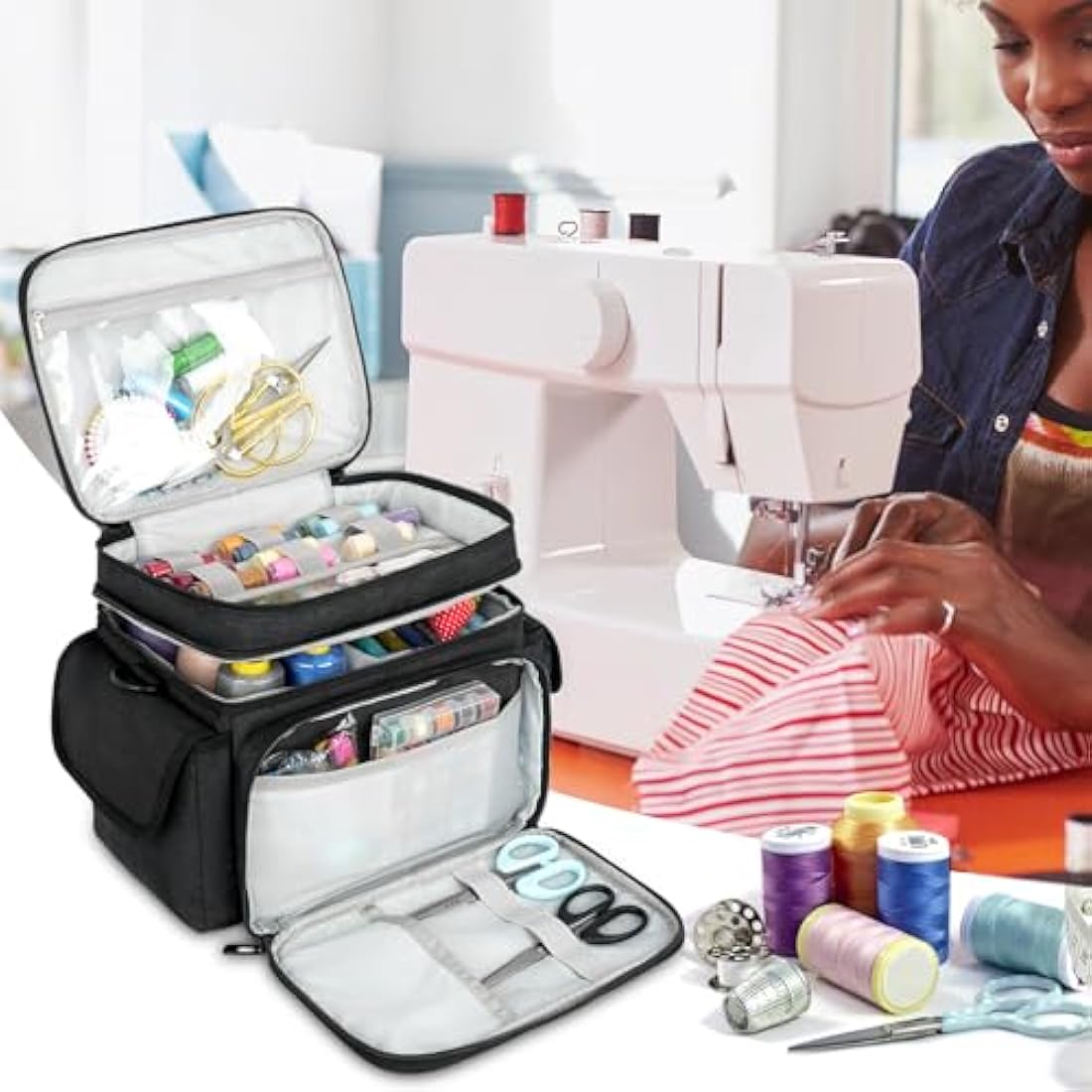 LEFOR·Z Sewing Box Large,Sewing Bags,Sewing Accessories Storage Organiser for Thread,Needles and Other Sewing Tools,Black