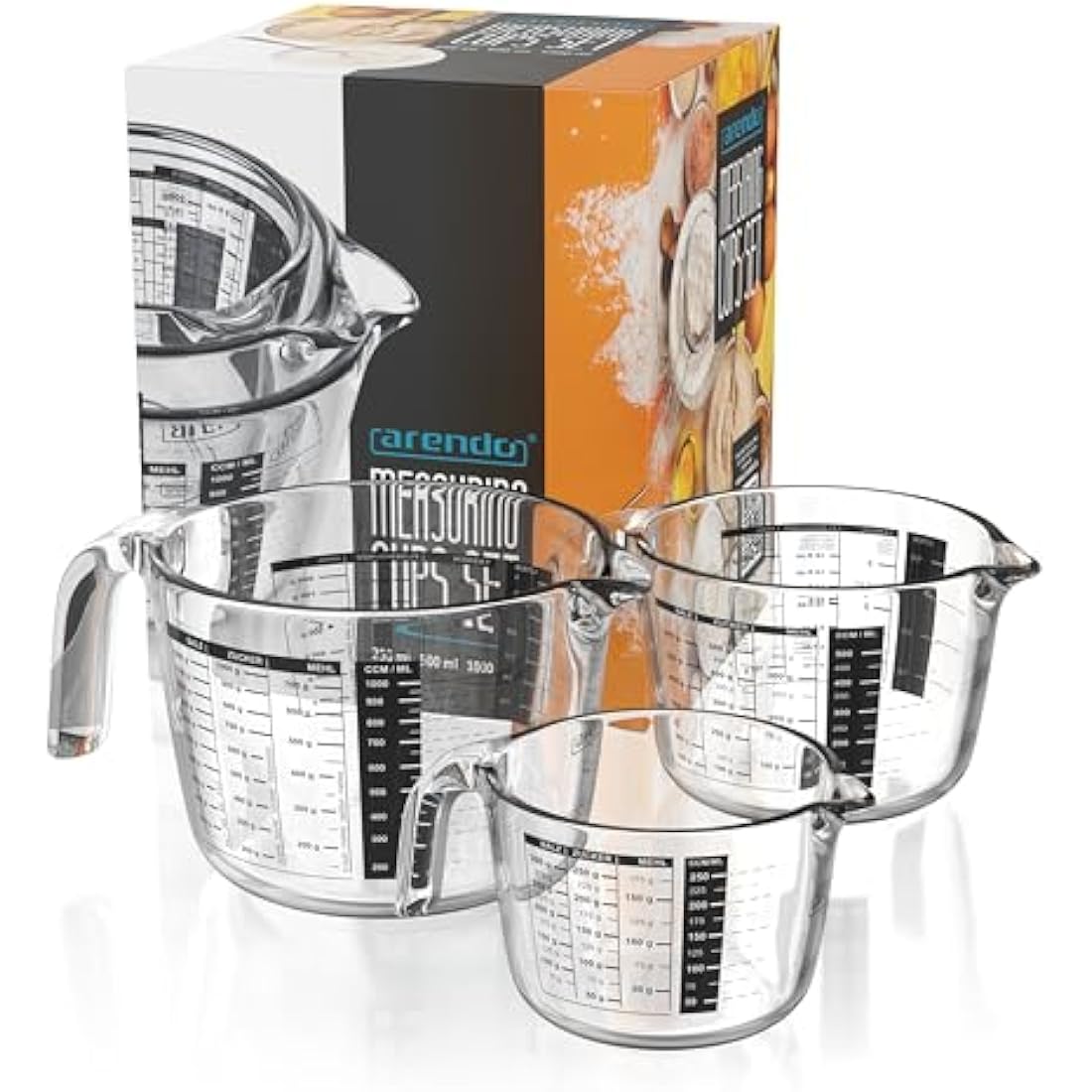 Arendo Set of Glass Measuring jugs, 250ml, 500ml, 1000ml (0.2l 0.5l 1l), Glass Measuring Cup, Transparent Borosilicate - Measuring jug, Accurate Scales, Microwave Safe