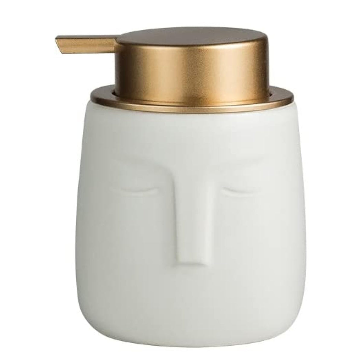 Unique Modern Soap Dispenser, Face-Shaped Ceramic Bottle with Rust Proof Gold Matte Pump, Decorative Lotion Dispenser for Bathroom or Kitchen (White)