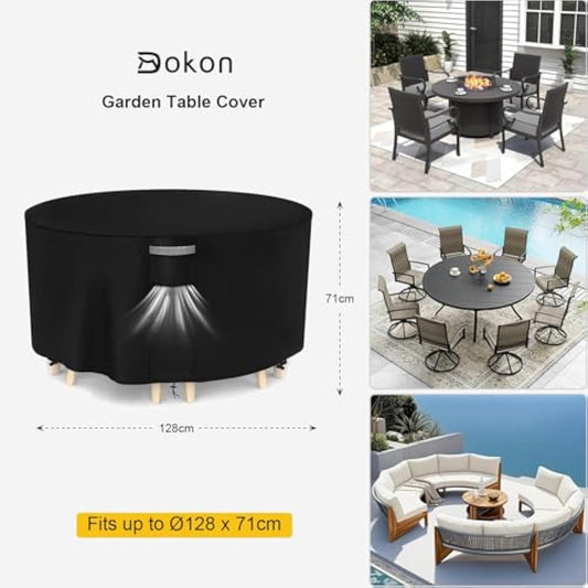 Dokon Garden Furniture Covers Waterproof, Garden Table Cover with Air Vent, Heavy Duty 420D Oxford Fabric Windproof Anti-UV Outdoor Table and Chairs Cover, Patio Set Cover, Round - Ø128 x 71cm