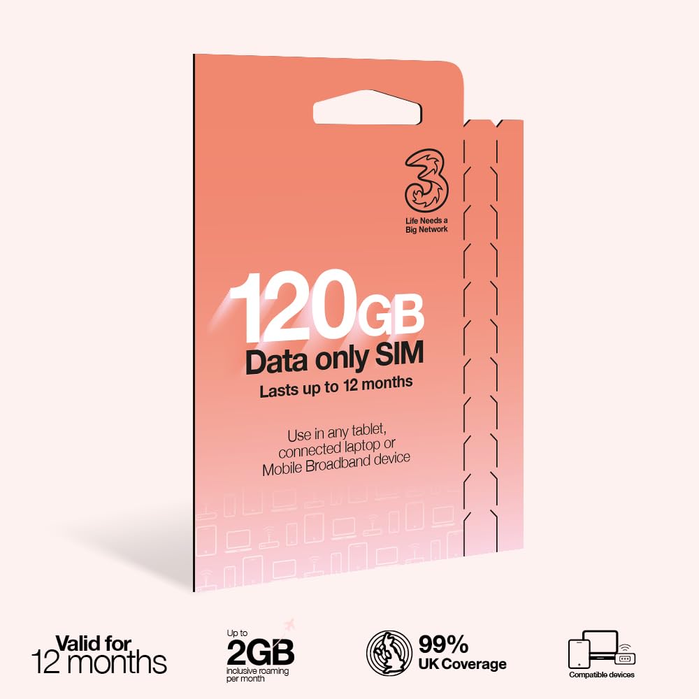 Three PAYG Mobile Broadband SIM, Pre-loaded with 120GB of Data that Lasts up to 12 Months