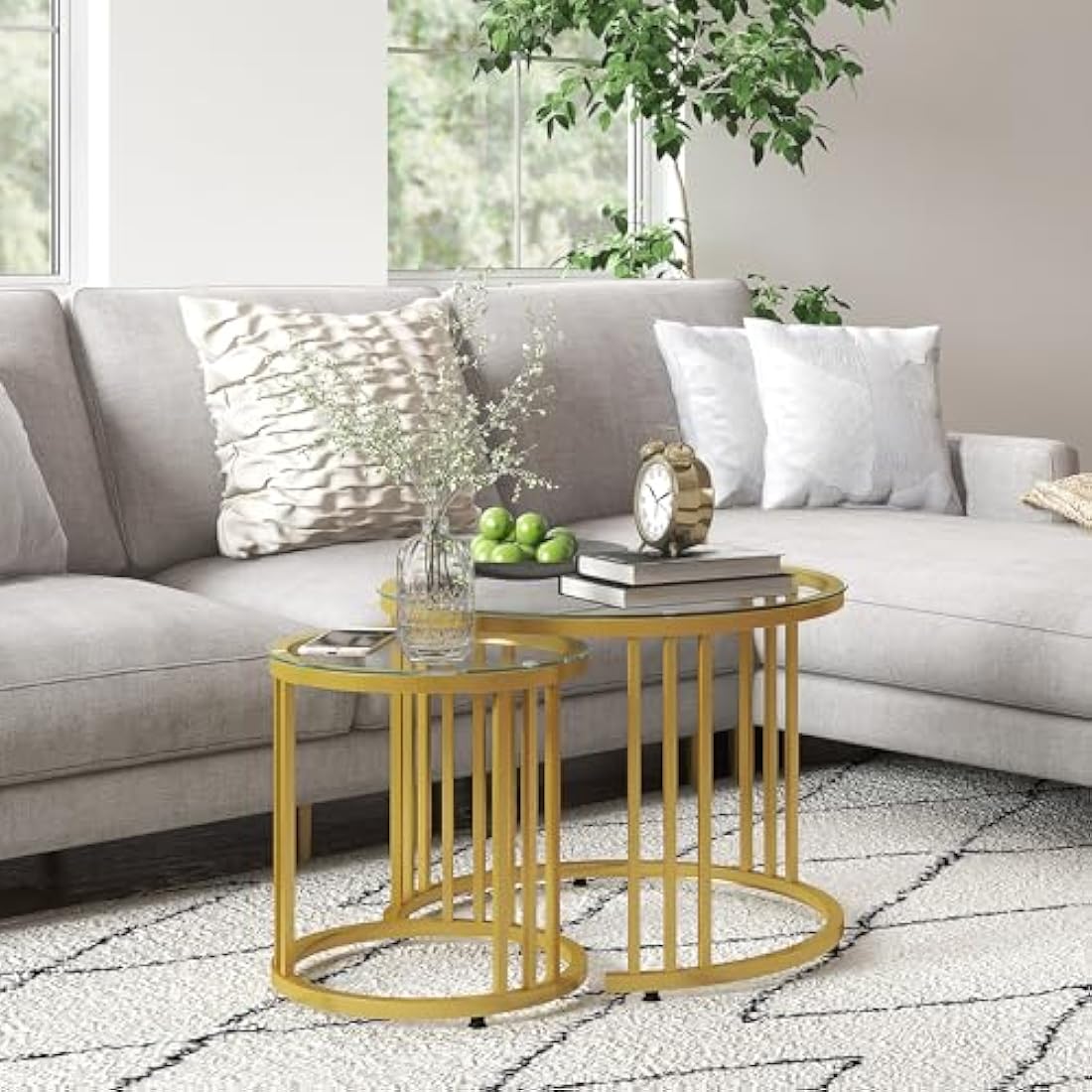 HOMCOM Nest of Tables, Round Coffee Tables Set of 2 with Tempered Glass Top and Steel Frame for Living Room, Gold Tone