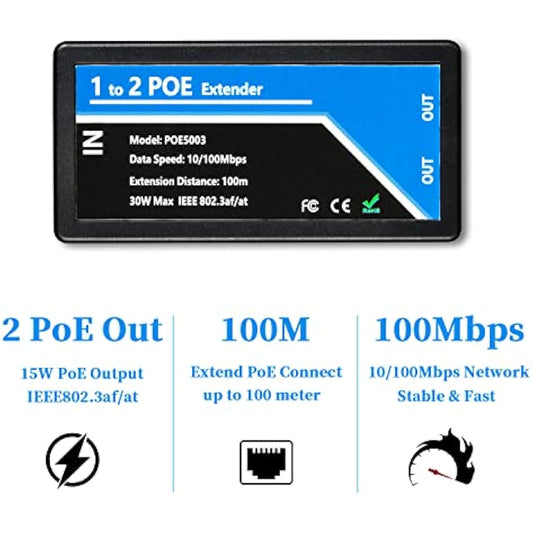 2 Port POE Extender Comply IEEE 802.3af/at Standard 10,100Mbps, POE Repeater 100 meters(328 ft) Extender 1 in 2 Out for POE IP Camera over Cat5/Cat6 or Better UTP Cables (POE5003)