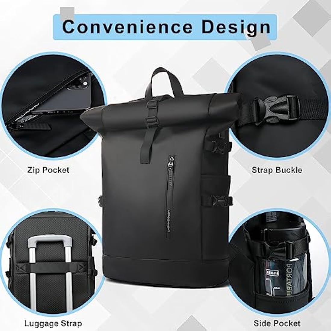 hk Roll Top Backpack Large Laptop Backpack 15.6'' USB Port Water-resistant Anti-theft Rucksack Travel Hiking Camping College School Work (27L Black)