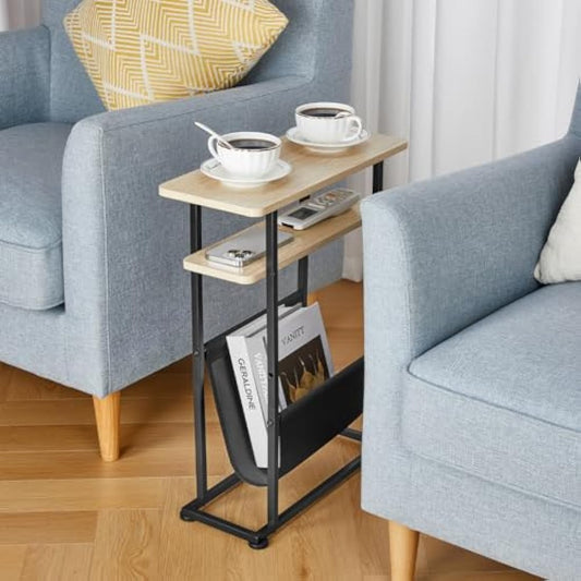 ZEXVIDA Small Side Table for Small Spaces - Slim End Table with Magazine Holder - 2 in 1 Narrow End Table Living Room - Skinny Bedside Table Nightstand Bedroom Thin Side Table (Oak)