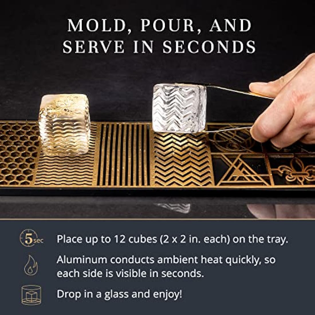 Ice Designer Tray – Craft Modern Ice Molds for Whiskey, Bourbon, & Cocktails in 5 Seconds – Whiskey Ice Mold Ice Cube Stamp – Bartender Accessories for Clear Ice Cocktails by Ash Harbor (Patterns)