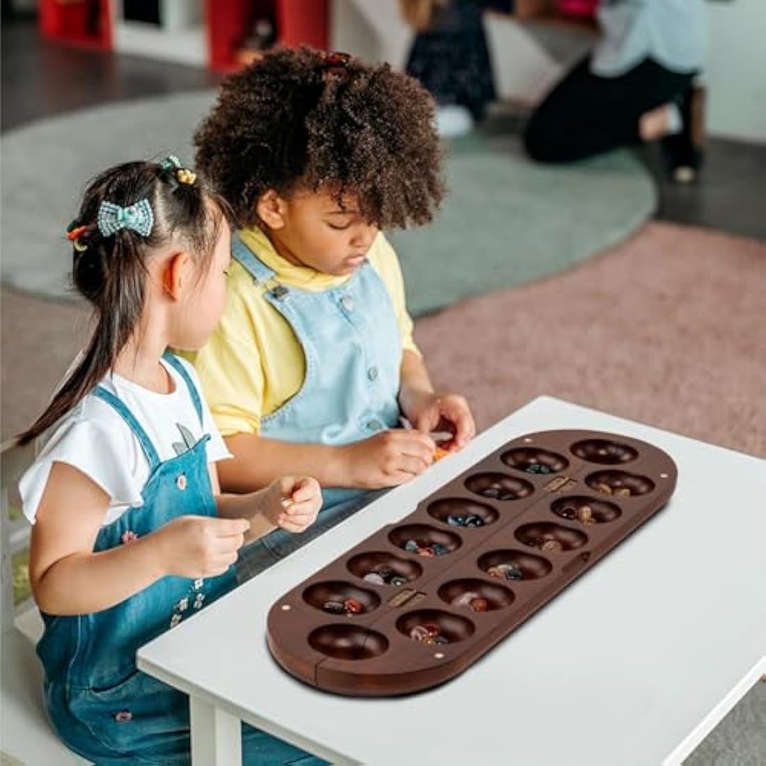 Deluxe Mancala Set: Real Wood Hinged Board with 48 Mixed Natural Gemstones - Authentic African Petroglyphs, Foldable Design for 2-Player Strategy Game