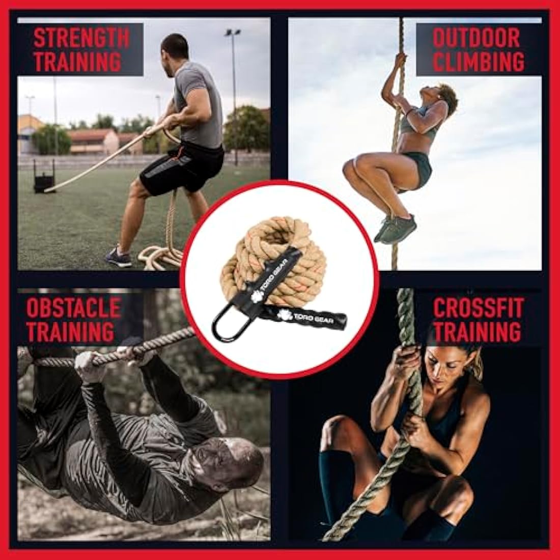 TORO GEAR 1.5" diameter Jute Gym Climbing Rope, 10-19.7 ft length–Cross training Rope, Battle Rope for Gyms,cross training,Firefighters-with Hook included, for Outdoor, Fitness, and Strength Training