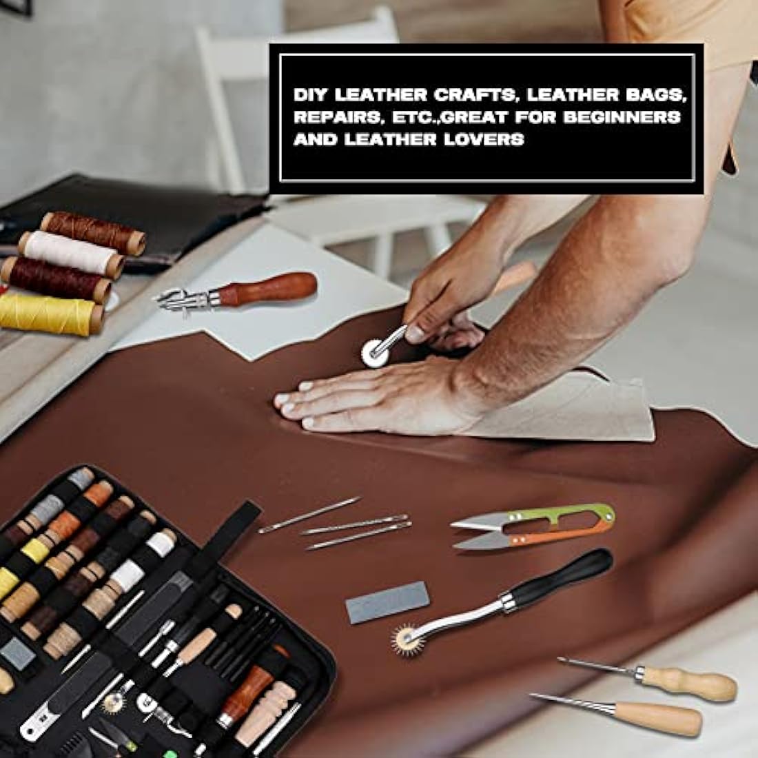 Leather Working Tools Leather Craft Tools and Supplies Leather Craft Kit with Waxed Thread Stitching Groover Awl for Cutting Punching, Leather Sewing Craft Making and Craft DIY