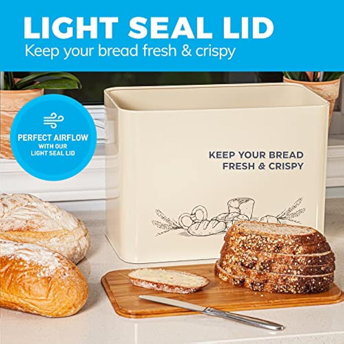 Extra Large Space Saving Vertical Cream Bread Bin with Eco Bamboo Cutting Board Lid - Holds 2 Loaves - White Extra Large Farmhouse Bread Bins for Kitchen Bread Storage Box