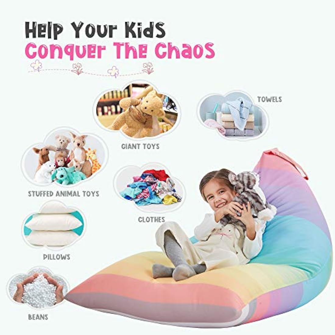 Nobildonna Stuffed Animal Storage Bean Bag for Kids (No Filler), Extra Large 250L Bean Bag Chair Cover Only, Washable Beanbag Without Filling Soft Premium Canvas Stuffable Bean Bag Cover (Rainbow)