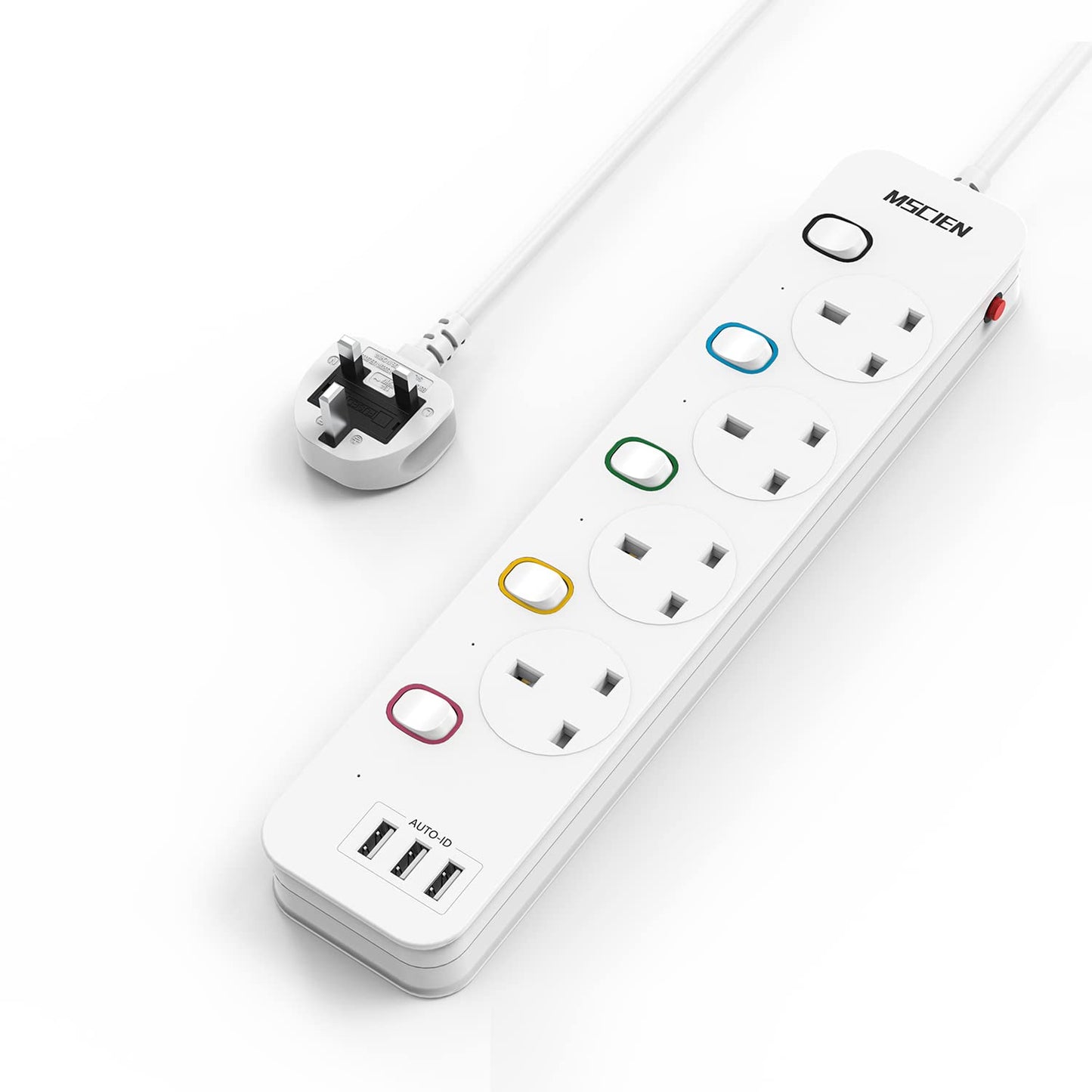 Mscien 5M Extension Lead with USB Slots, 4 Way 3 USB Extension Socket with Individual Switches, Mountable Overload Protection Power Strips, 5 Metre