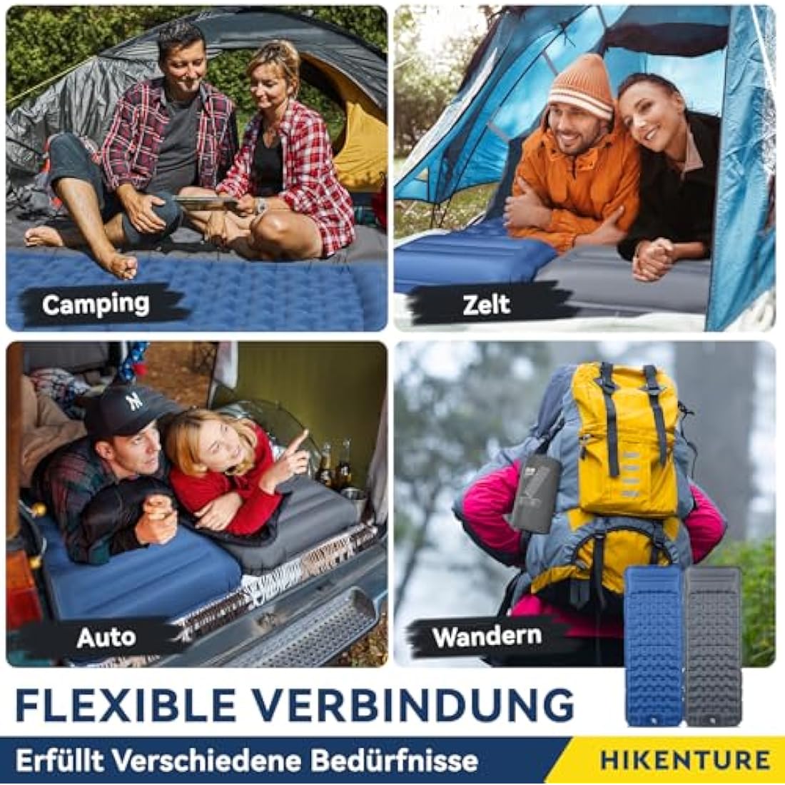 HIKENTURE Self-Inflating Sleeping Mat, 13 cm Ultra Thick Sleeping Mat Camping with Cushion, Inflatable Air Mattress, Small Pack Size, Ultralight Sleeping Mat with Foot Pump for Outdoor, Hiking, Tent -